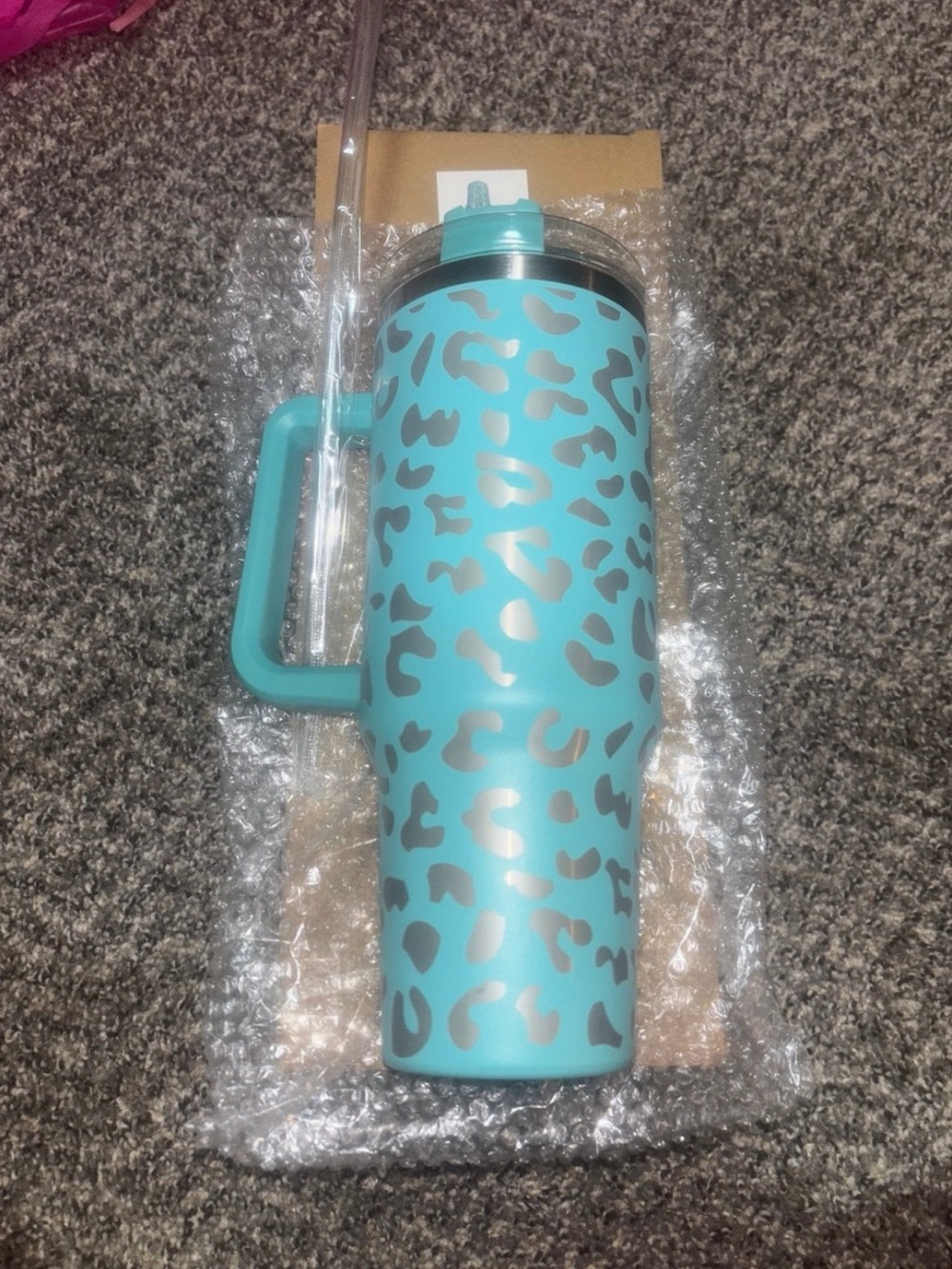 40oz Turquoise Leopard Print Travel Tumbler with Handle
